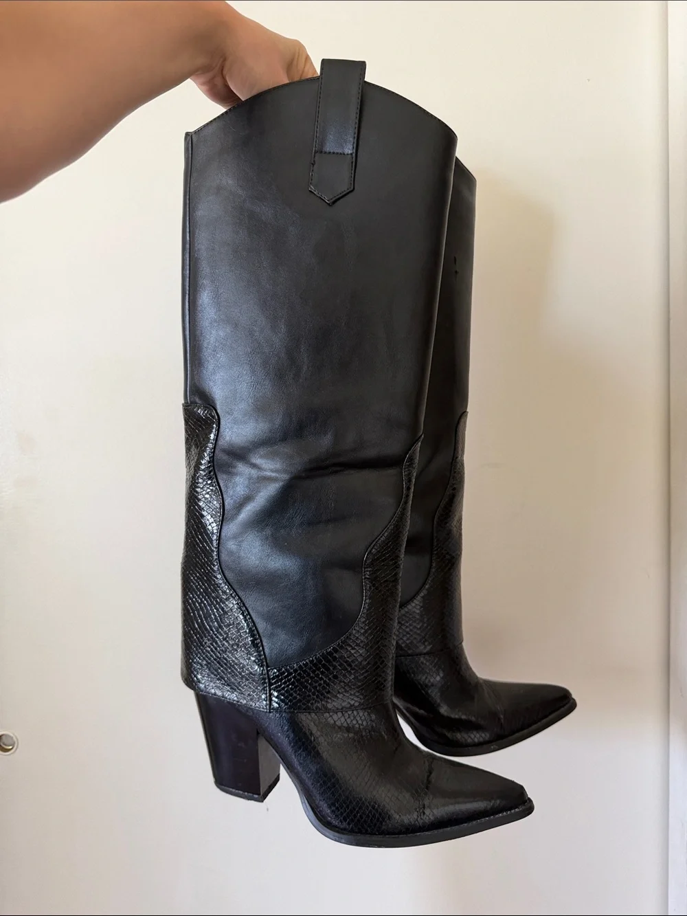 Classic Black Faux Leather Western Knee-High Boots